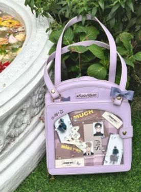Light purple solid plain checkered itabag side flat lay garden hydrangea flowers matte PU leather heart zipper pocket
