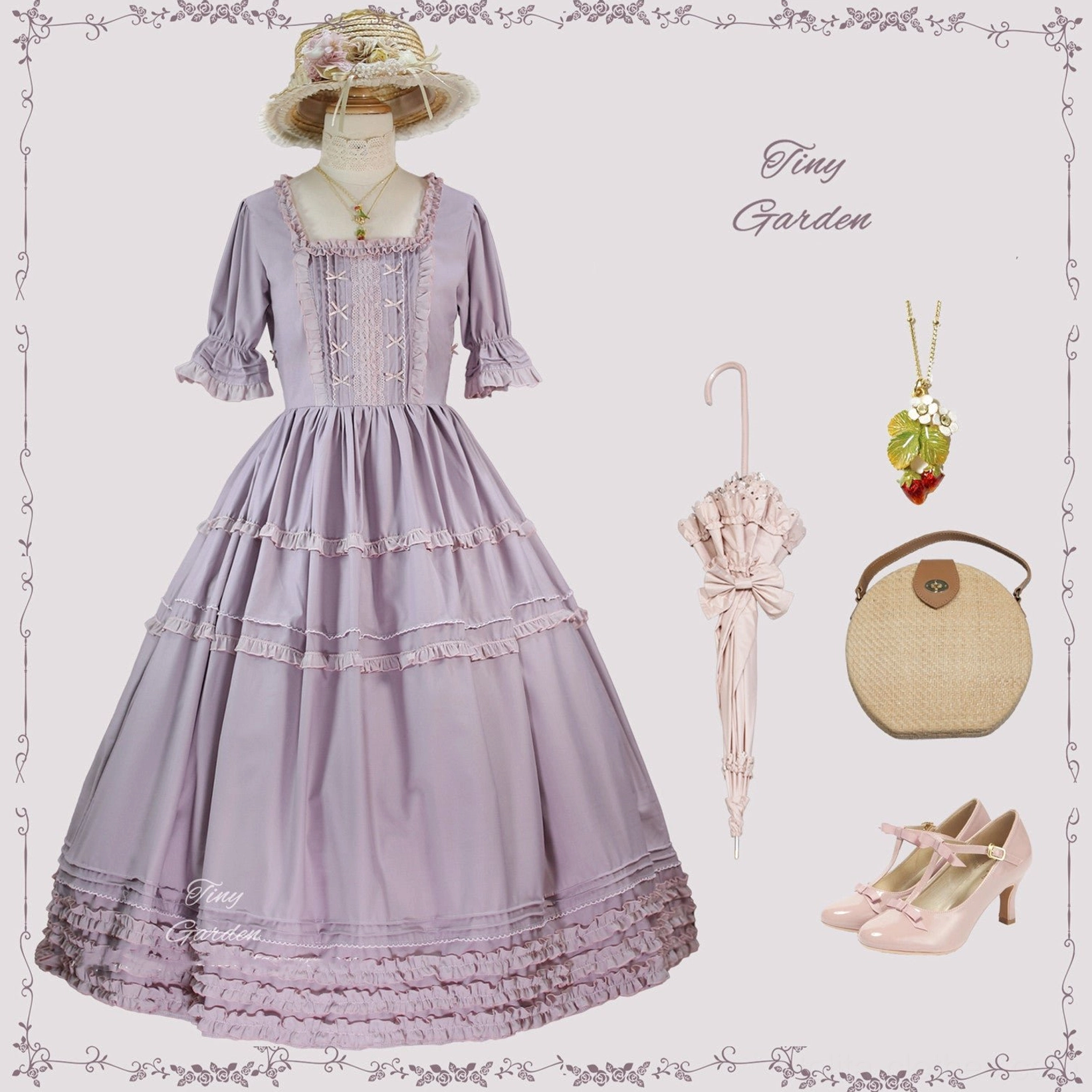Light purple square collar pin tucks lolita OP dress with coordinating vintage accessories woven round bag pink high heels and strawberry pendant necklace flat lay