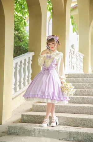 Light purple lolita jsk dress with silver star foil printing front view full body outdoor european courtyard stone stairs staircase model posing