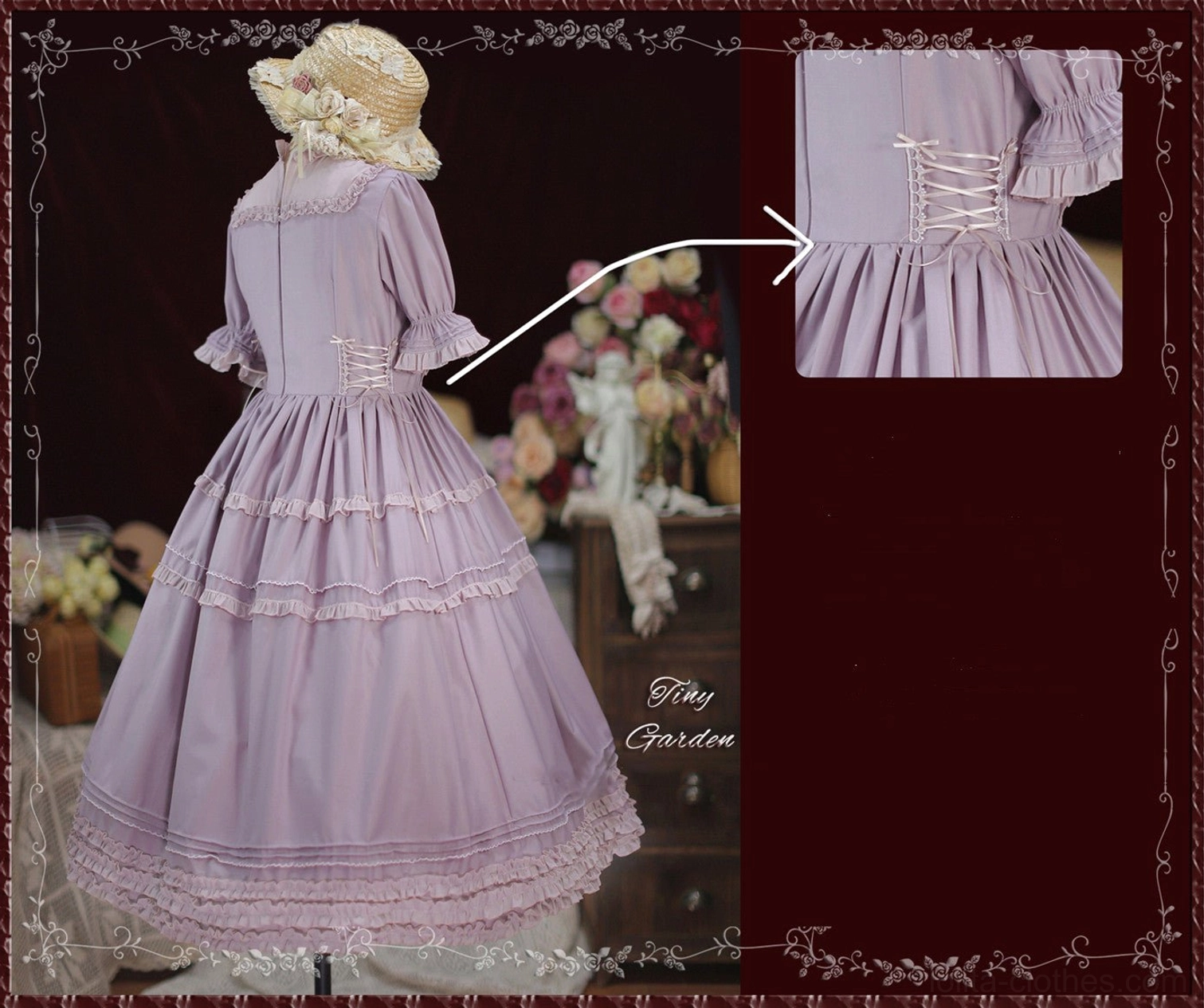 Light purple lavender french vintage lolita dress with ruffled sleeve cuffs layered skirt trim shown on mannequin with flower decorations