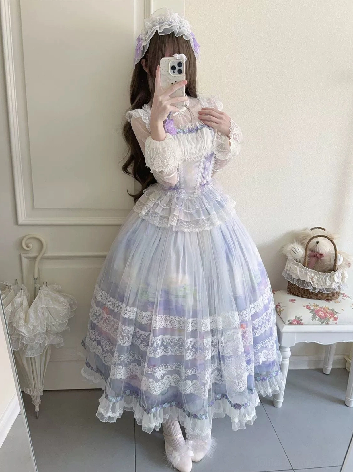 White and light purple gradient classic lolita dress with sheer lace long sleeves, layered lace hem skirt, and fluffy white socks, indoor full-body selfie