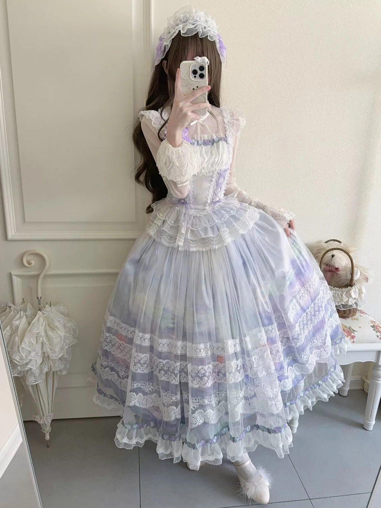 White and light purple gradient classic lolita dress with sheer lace long sleeves, multi-layer lace hem skirt, and matching lace headpiece, side-back view