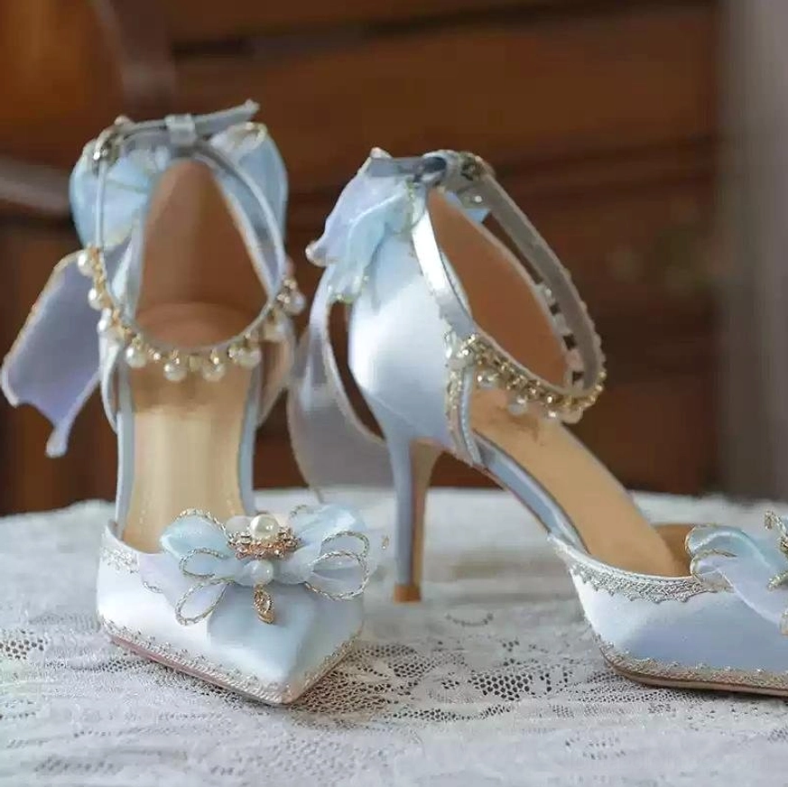 Light silver blue pointed toe lolita wedding high heels with pearl mesh bow front vamp embellishment elegant satin bridal footwear