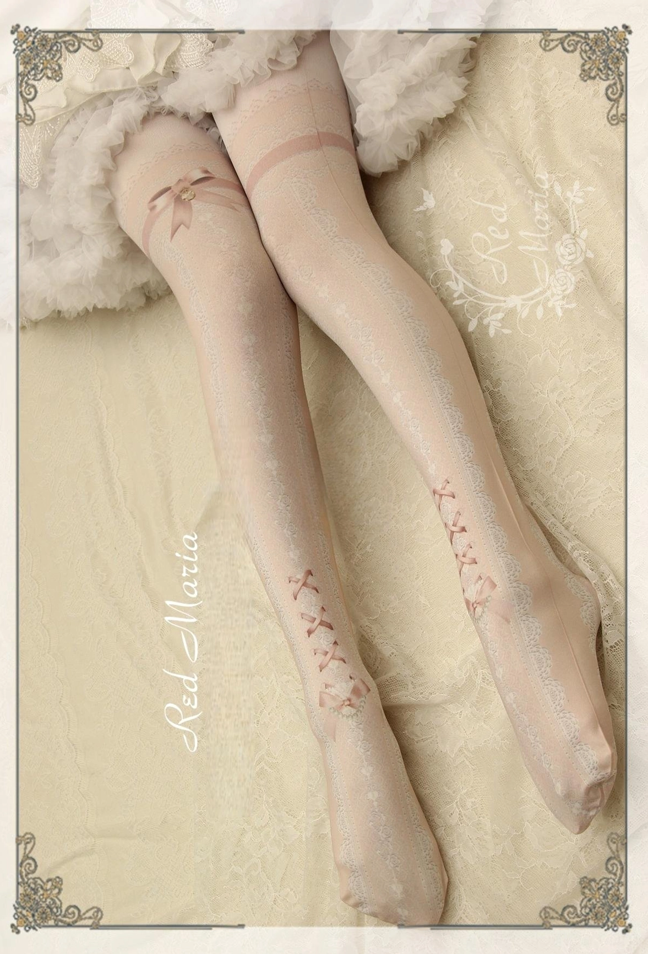 Light skin beige lace bow 80D lolita pantyhose with cross stitch embroidery and red bow accents