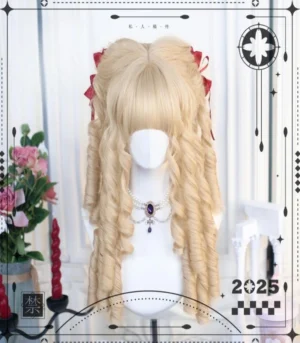 Light walnut lolita wig front view with soft air bangs and roman spiral curls, displayed on mannequin with red bows and gem choker against vintage floral backdrop