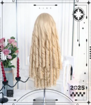 Light walnut lolita wig back view showcasing uniform tight spiral curls throughout entire length on metal display stand in vintage studio setting