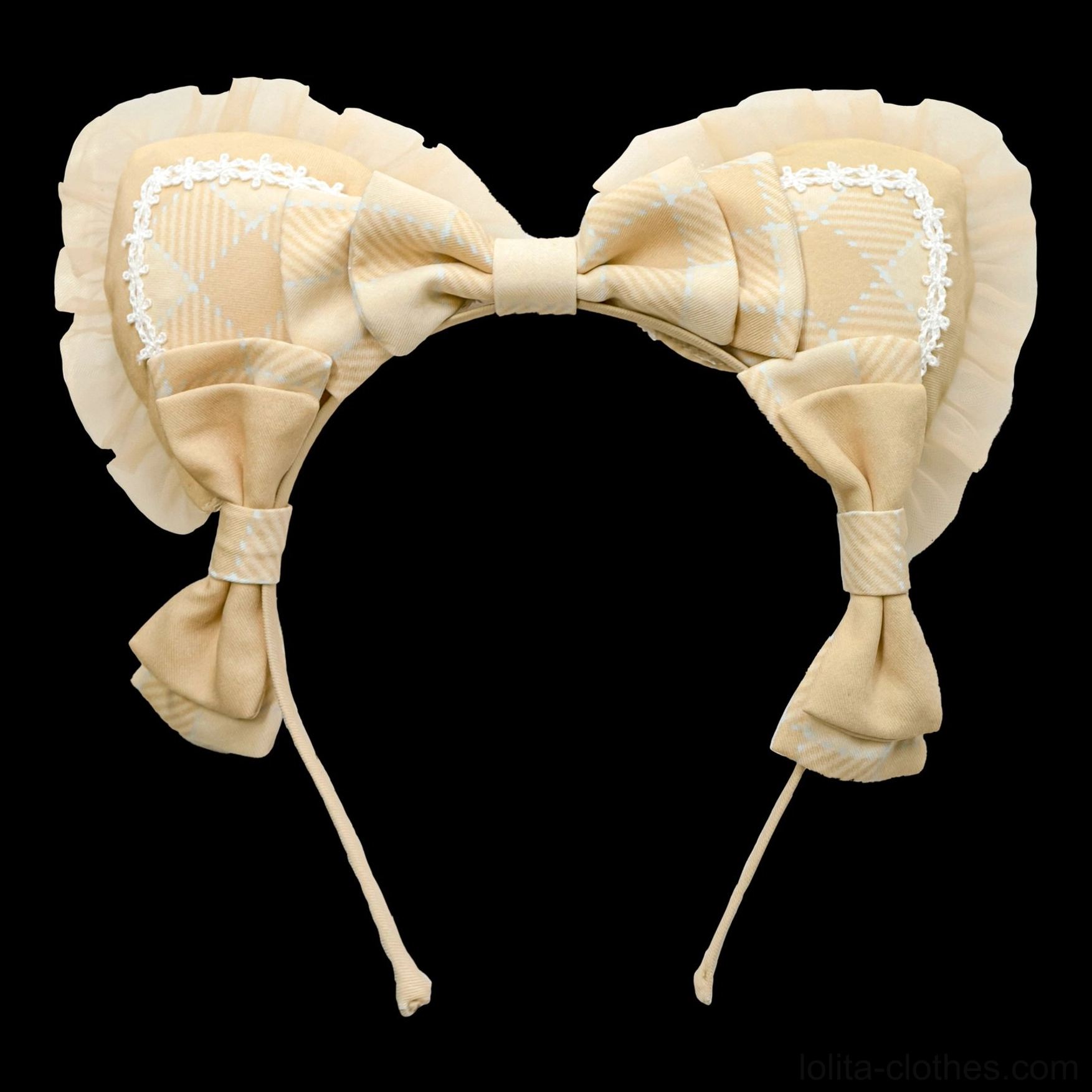 Light yellow gingham cat ear KC lolita headband flat lay on black background showing white lace trim and cat ear silhouette