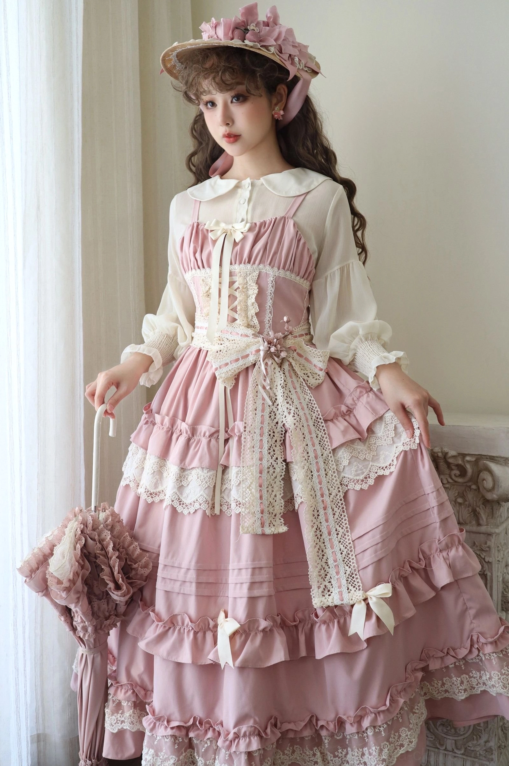 Lilianne classic lolita jsk dress pink sakura color front view with tiered ruffled lace skirt puffed doll collar sleeves