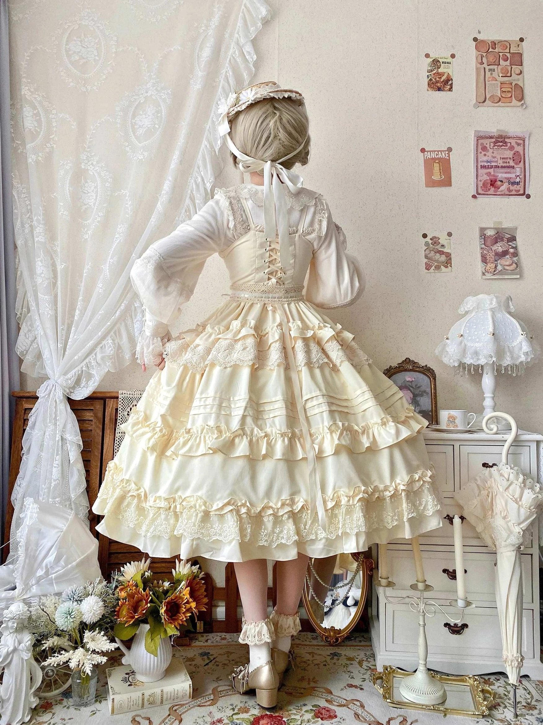 Lilianne cream yellow lolita jsk back view back corset design long sheer inner sleeves tiered ruffled lace hem