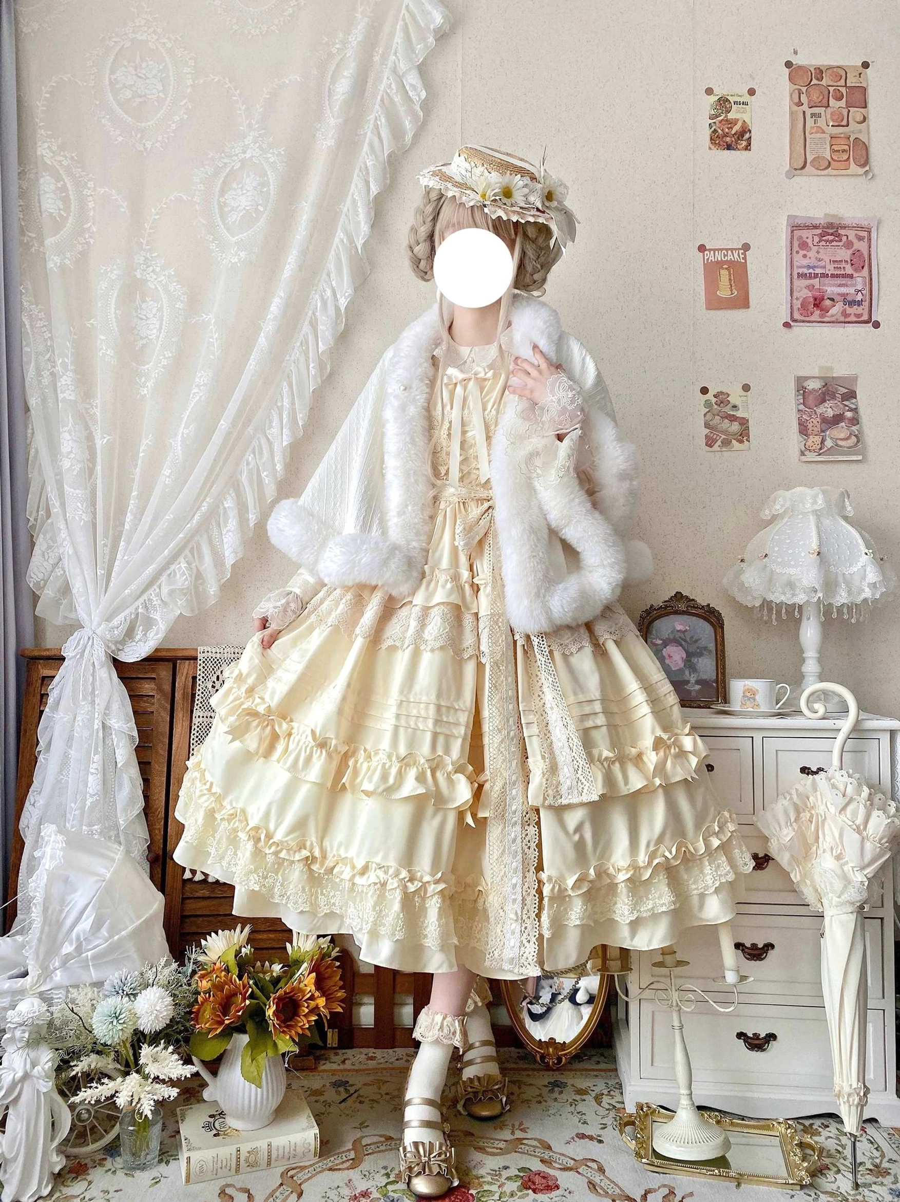 Lilianne cream beige lolita jsk dress with faux fur shawl front three quarter view layered lace skirt classic proportions