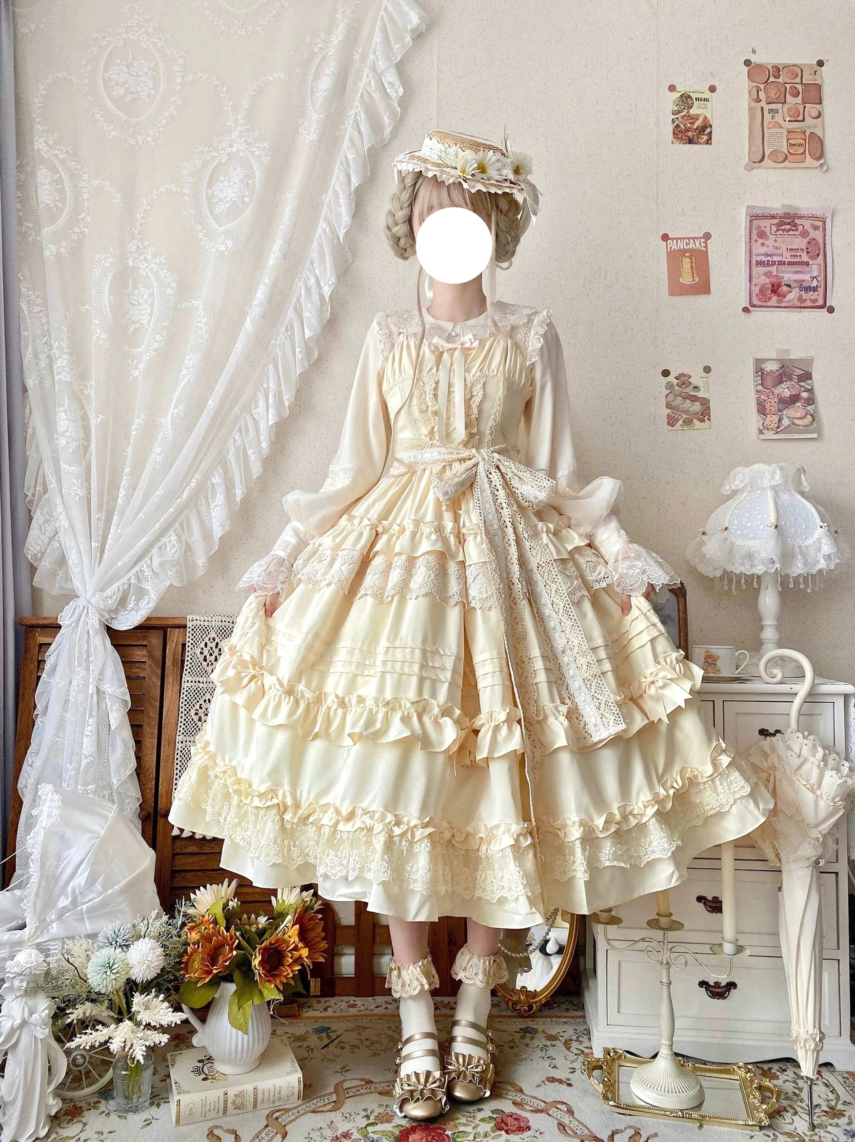 Lilianne cream yellow lolita jsk dress front full body view doll collar sheer sleeves tiered lace ruffled skirt waist bow
