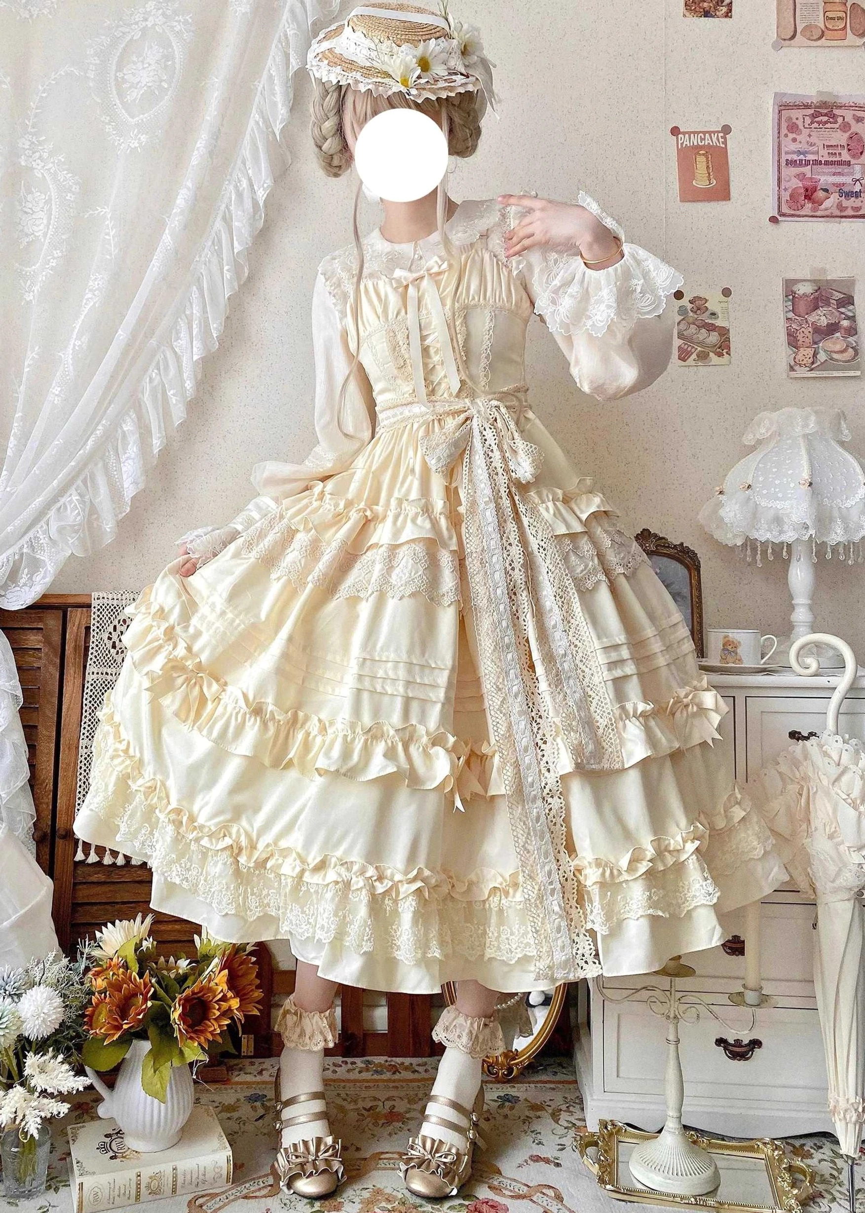 Lilianne ivory cream beige lolita jsk dress front three quarter view layered ruffled lace skirt corset bodice puffed sleeves