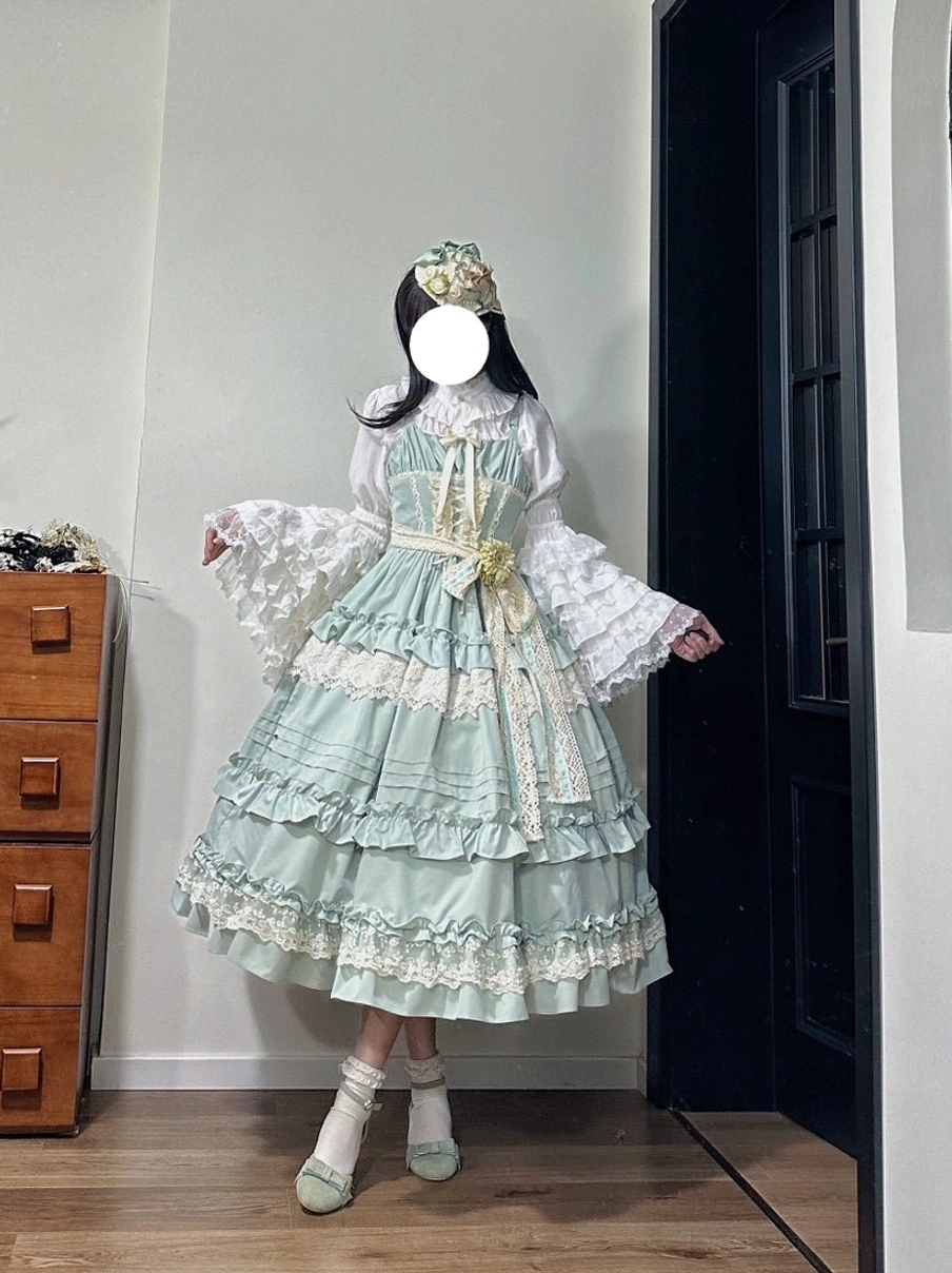 Lilianne light green lolita jsk dress full body front view pastoral nature inspired aesthetic tiered ruffled skirt