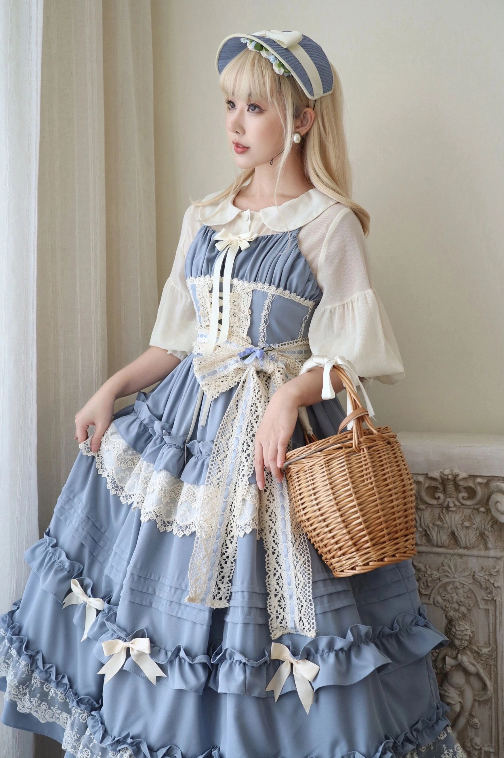 Lilianne misty blue lolita jumper skirt full body front view romantic classic aesthetic layered ruffles elegant silhouette