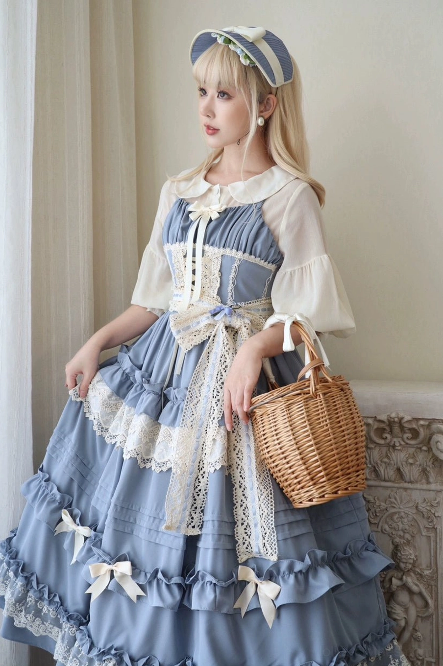 Lilianne misty blue lolita jsk dress front full body ethereal vintage aesthetic tiered ruffled lace skirt