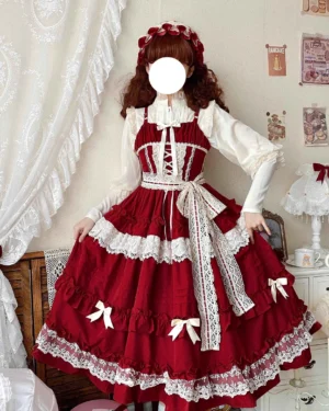 Lilianne lolita jumper skirt red white colorway front view lace bodice satin bows corset lacing long puffed sleeves