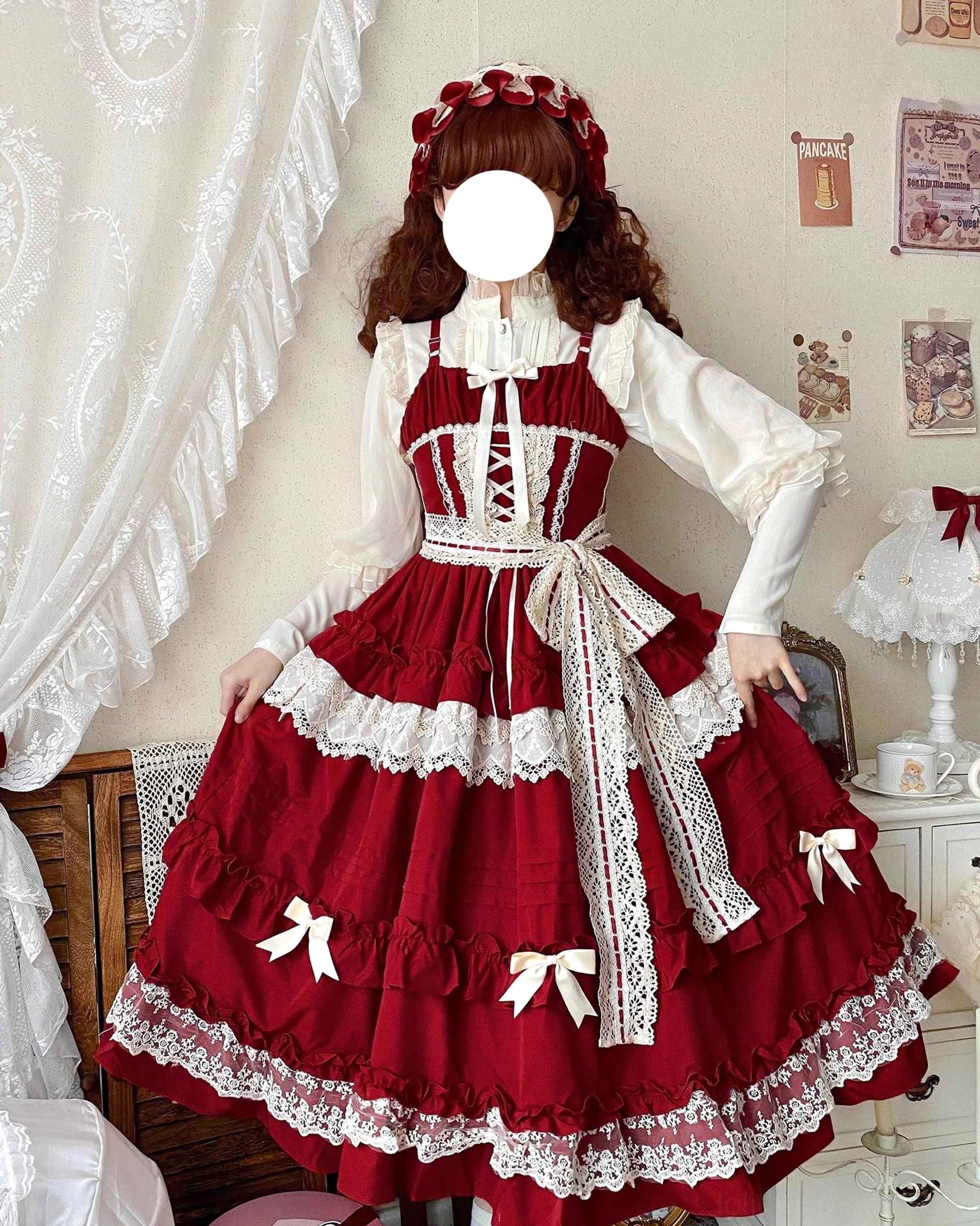 Lilianne lolita jumper skirt red white colorway front view lace bodice satin bows corset lacing long puffed sleeves