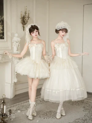 Lily classic lolita tiered hem jsk dress front three-quarter view two models cream white fishbone waist jacquard bodice