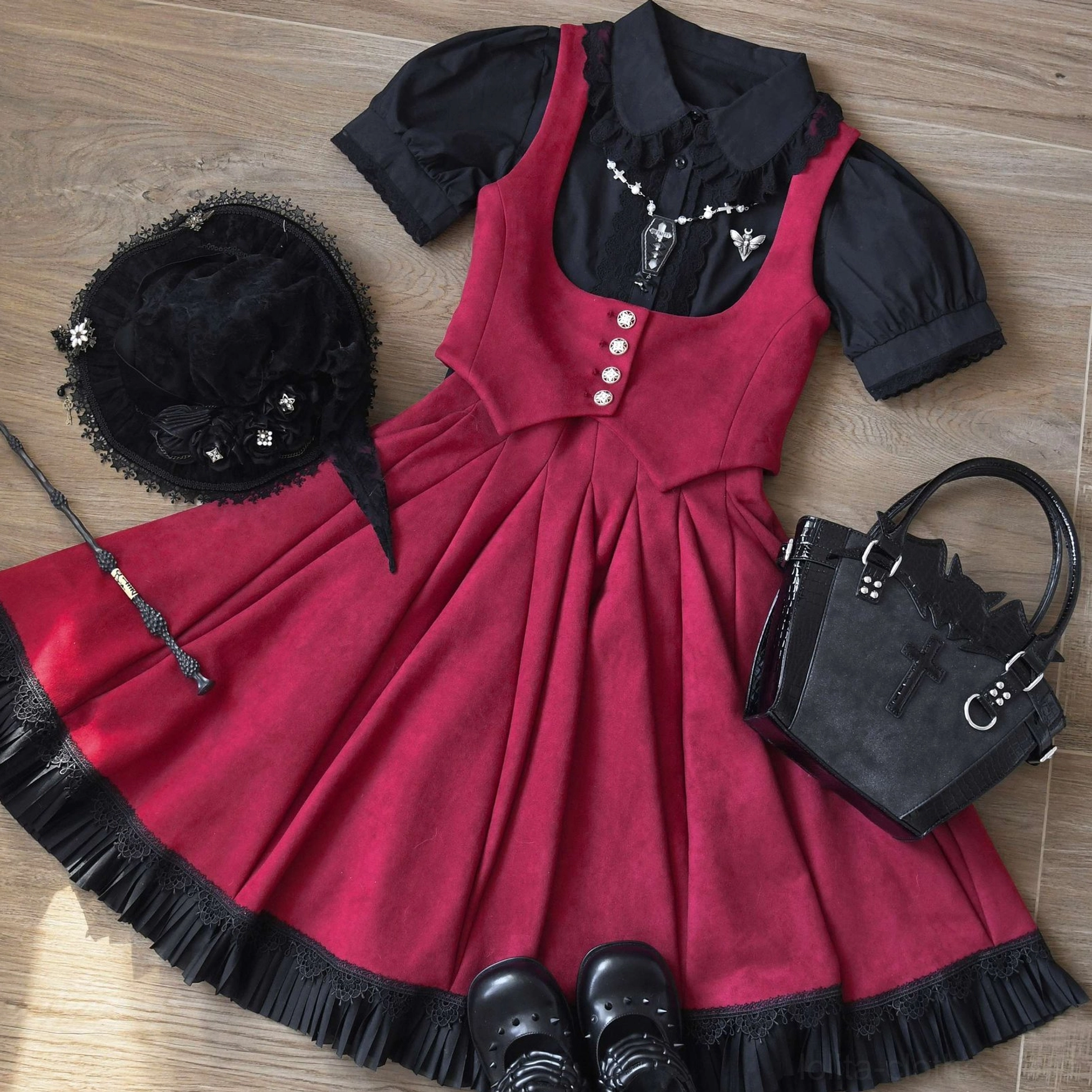 Sweet Lolita blouse front panel lace decoration and waist-accentuating silhouette detail shot showing design features