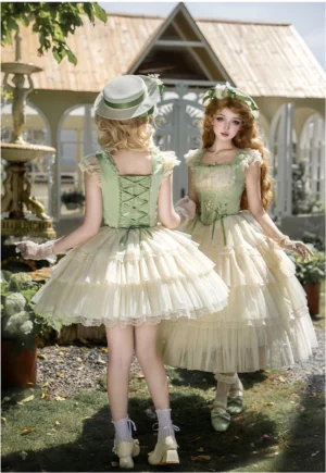 Classic lolita jumper skirt dress back view showing lace-up corset bodice and multi-layered tulle skirt with boater hat accessory