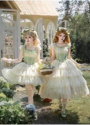Lily of the valley classic lolita corset JSK dress in mint green and cream worn by model in garden glasshouse setting front view