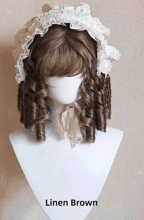 Linen brown lolita roman roll wig 28cm small doll size ringlet curls teased crown styling