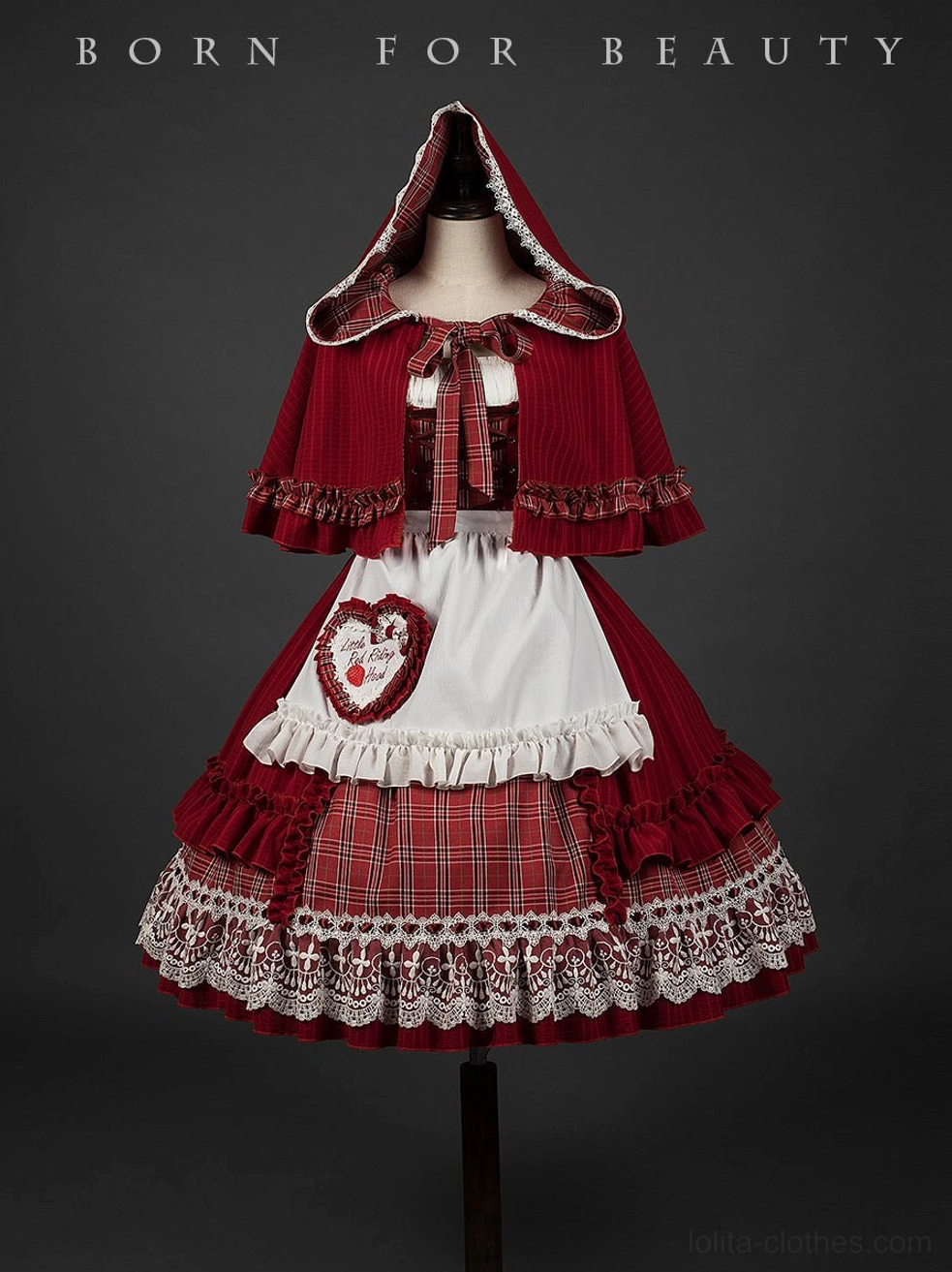 Little Red Riding Hood Lolita cape and dress set front flat display on mannequin showing red plaid skirt white lace hem hooded cape fairy tale costume