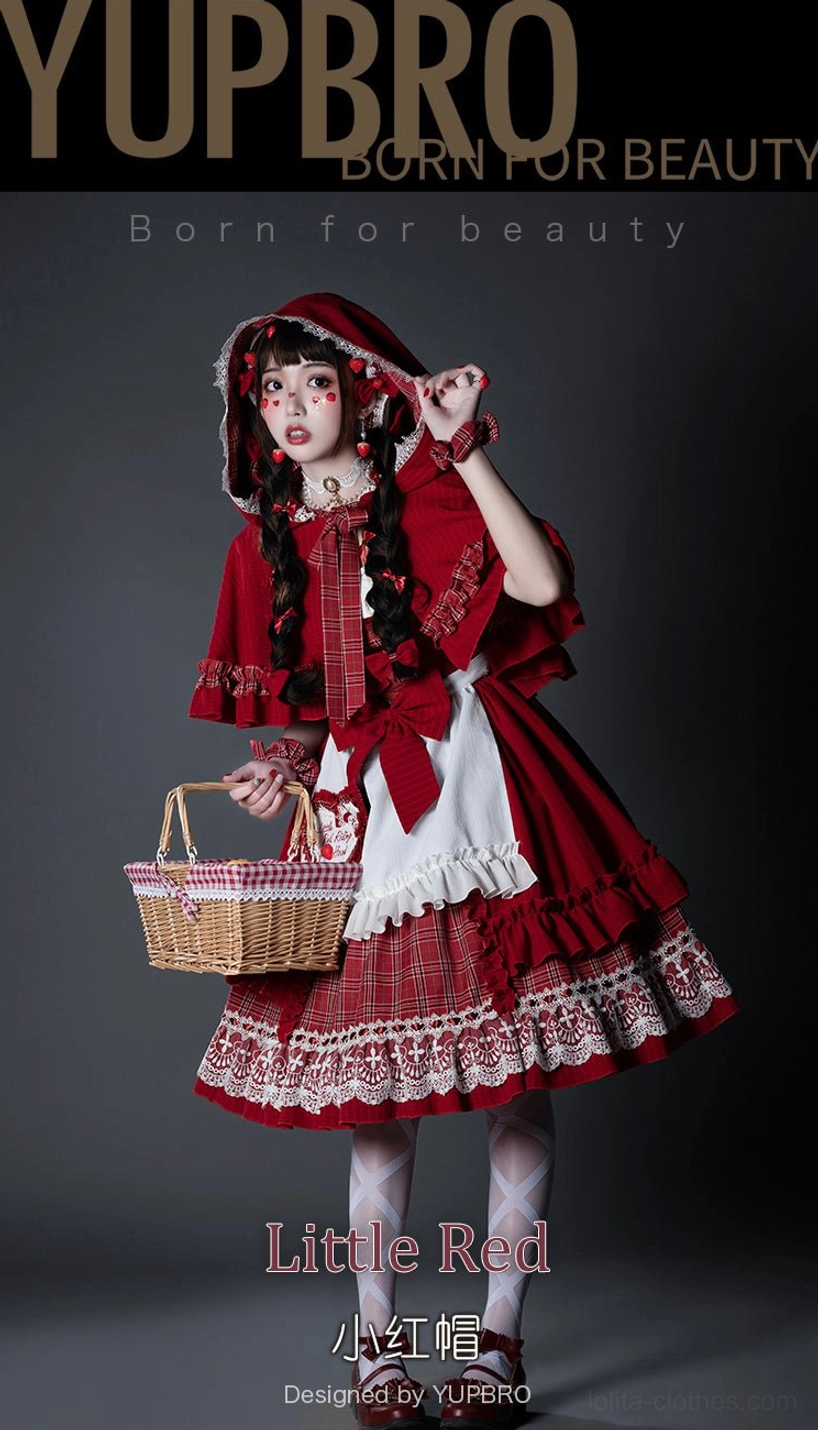 Little Red Riding Hood Lolita costume set front standing pose model holding wicker basket hooded red cape front bow decoration fairy tale theme