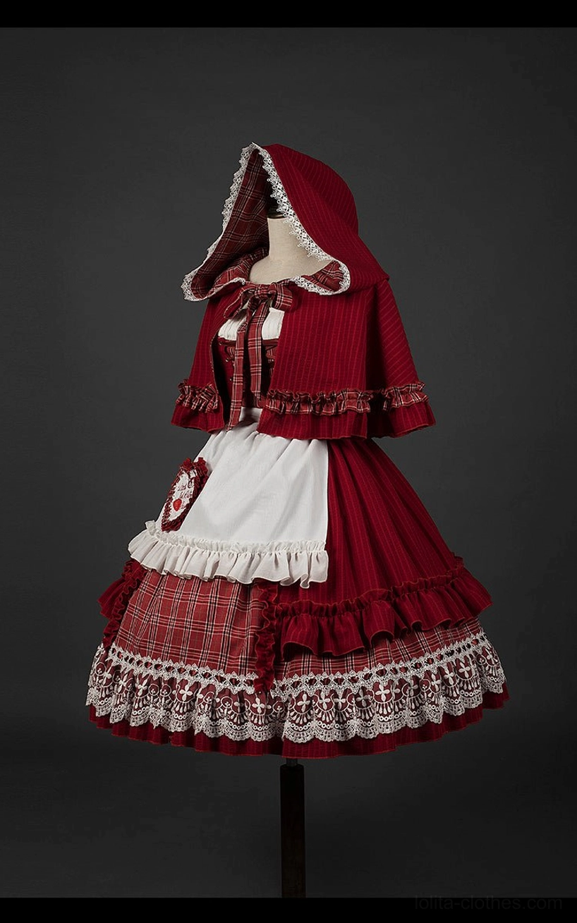 Little Red Riding Hood Lolita dress and cape set side rear flat display mannequin hooded red cape lace trim layered ruffled plaid skirt