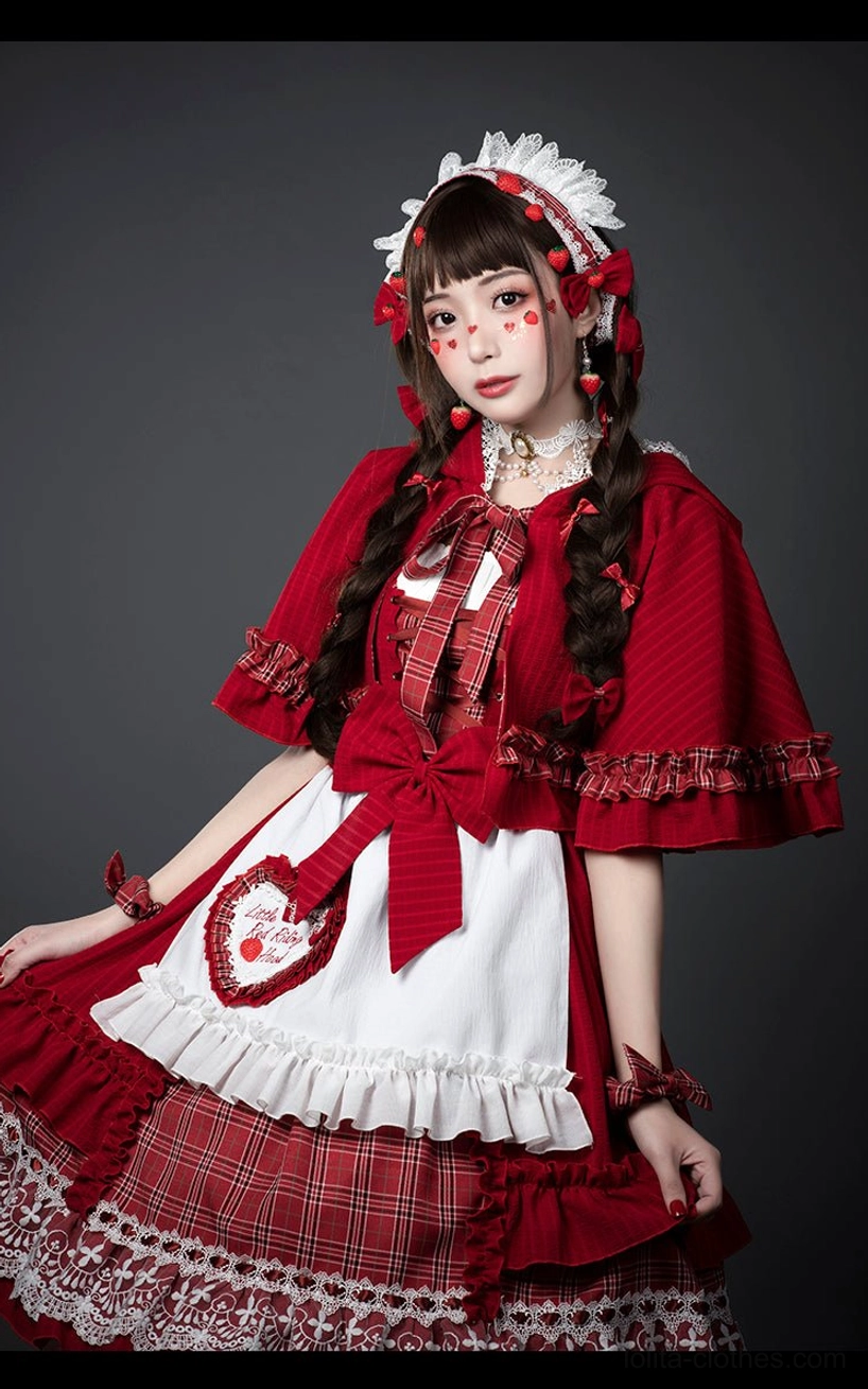 Little Red Riding Hood Lolita dress with short cape set front three-quarter view model wearing maid-style lace hairband short ruffled cape