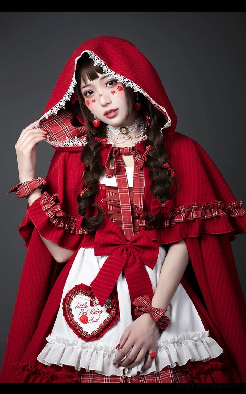 Little Red Riding Hood Lolita dual-wear cape set showing detachable short and extended long cloak options hooded design fairy tale costume