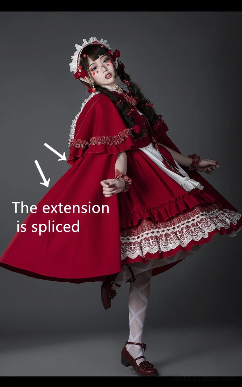 Little Red Riding Hood Lolita full set dynamic side movement view model wearing extended cape splicing flowing red cape frilled lace trims