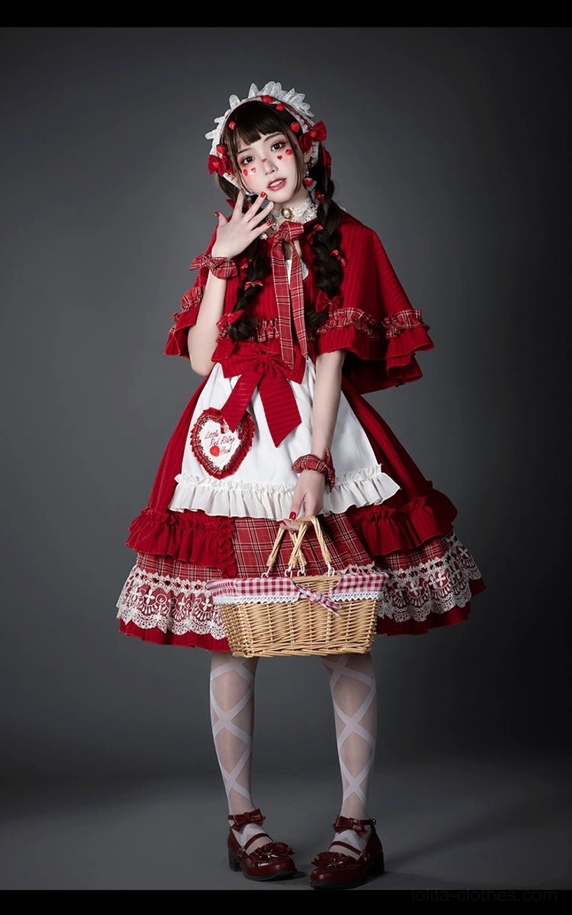 Little Red Riding Hood Lolita full set front portrait pose model holding wicker basket short hooded cape matching dress white patterned stockings