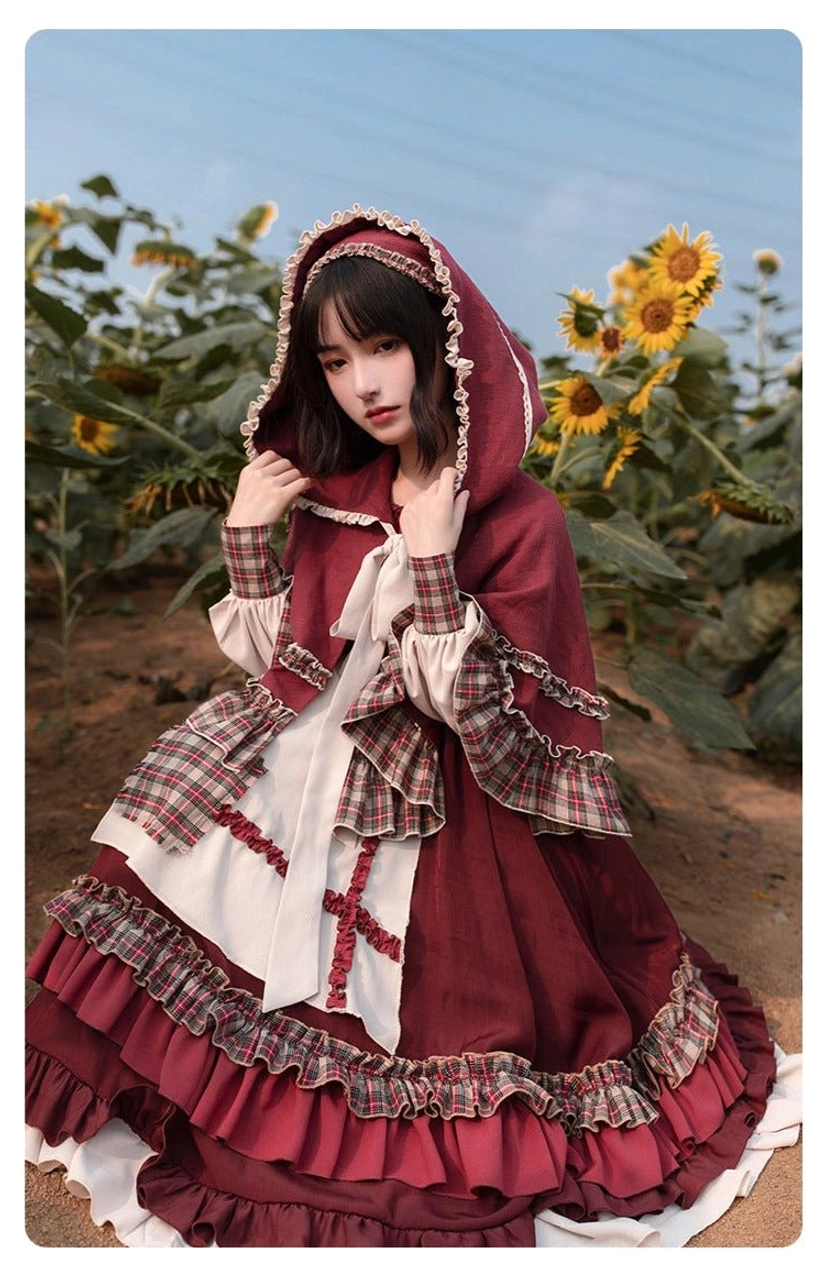 Little Red Riding Hood pastoral Lolita hooded cloak and OP dress fullset back view showing ruffled cloak construction, layered dress silhouette, and coordinated wine red cream aesthetic