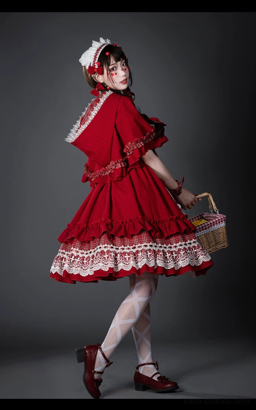 Little Red Riding Hood Lolita dress and cape set side rear pose model holding basket short red hooded cape tiered plaid skirt white lace hem