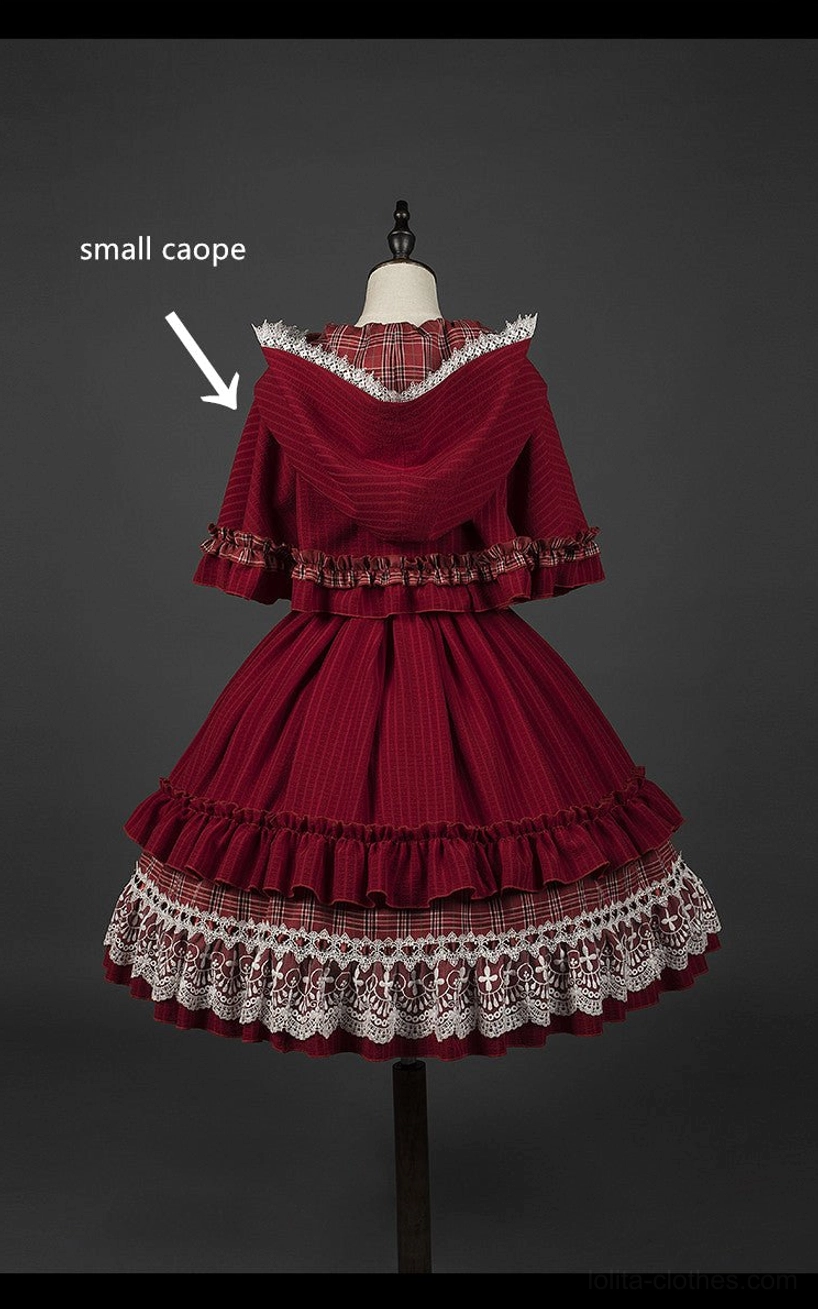 Separated Little Red Riding Hood Lolita short hooded cape and dress rear flat display mannequin small cape solid red ruffled edges