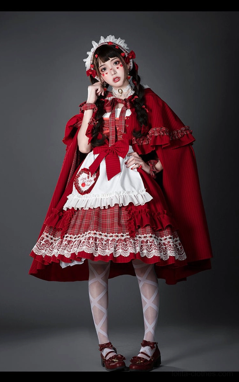 Little Red Riding Hood Lolita cape dress set texture close-up showing crinkled embossed cotton fabric striped pattern white apron embroidery detail