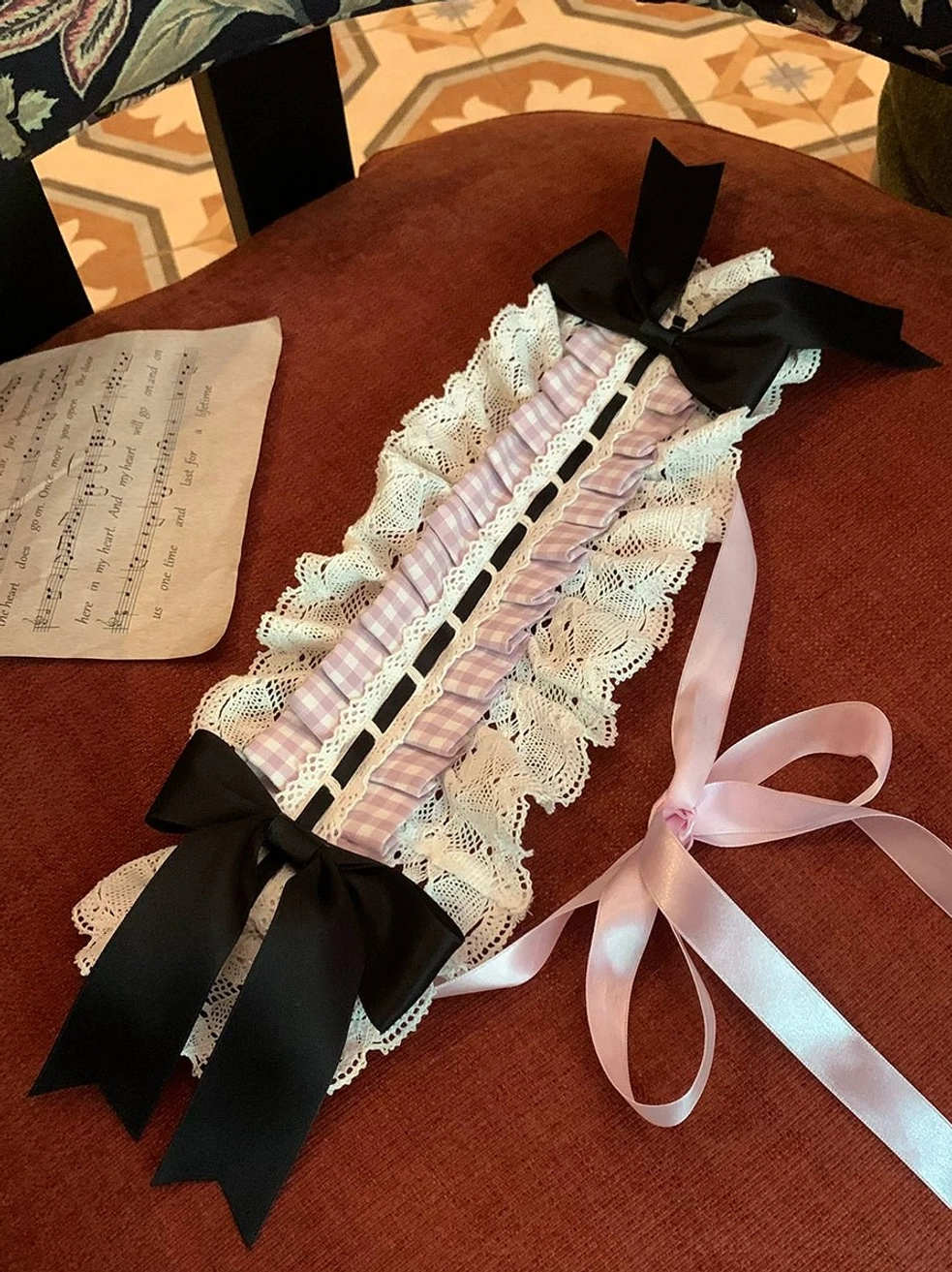 Coordinating Lolita accessories cat brooch wrist cuffs hairband matching lavender plaid JSK dress set