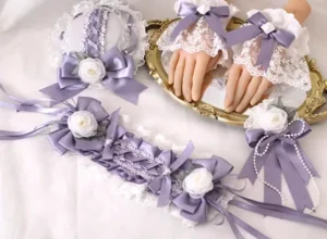 Complete lolita accessory collection set with purple white headdress bow hairband wrist cuffs and hair clips displayed on golden tray