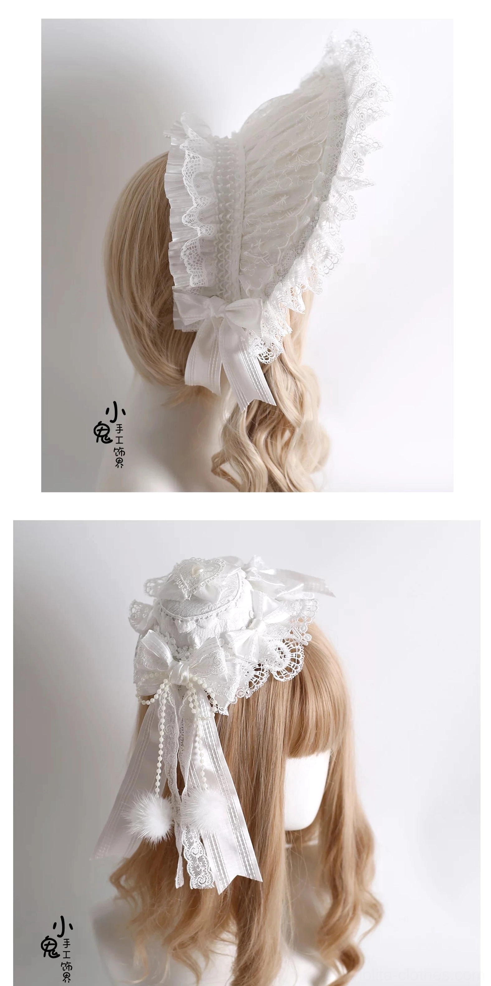 Lolita accessory set detail showing premium lace texture, ribbon construction and multiple decorative bow embellishment options