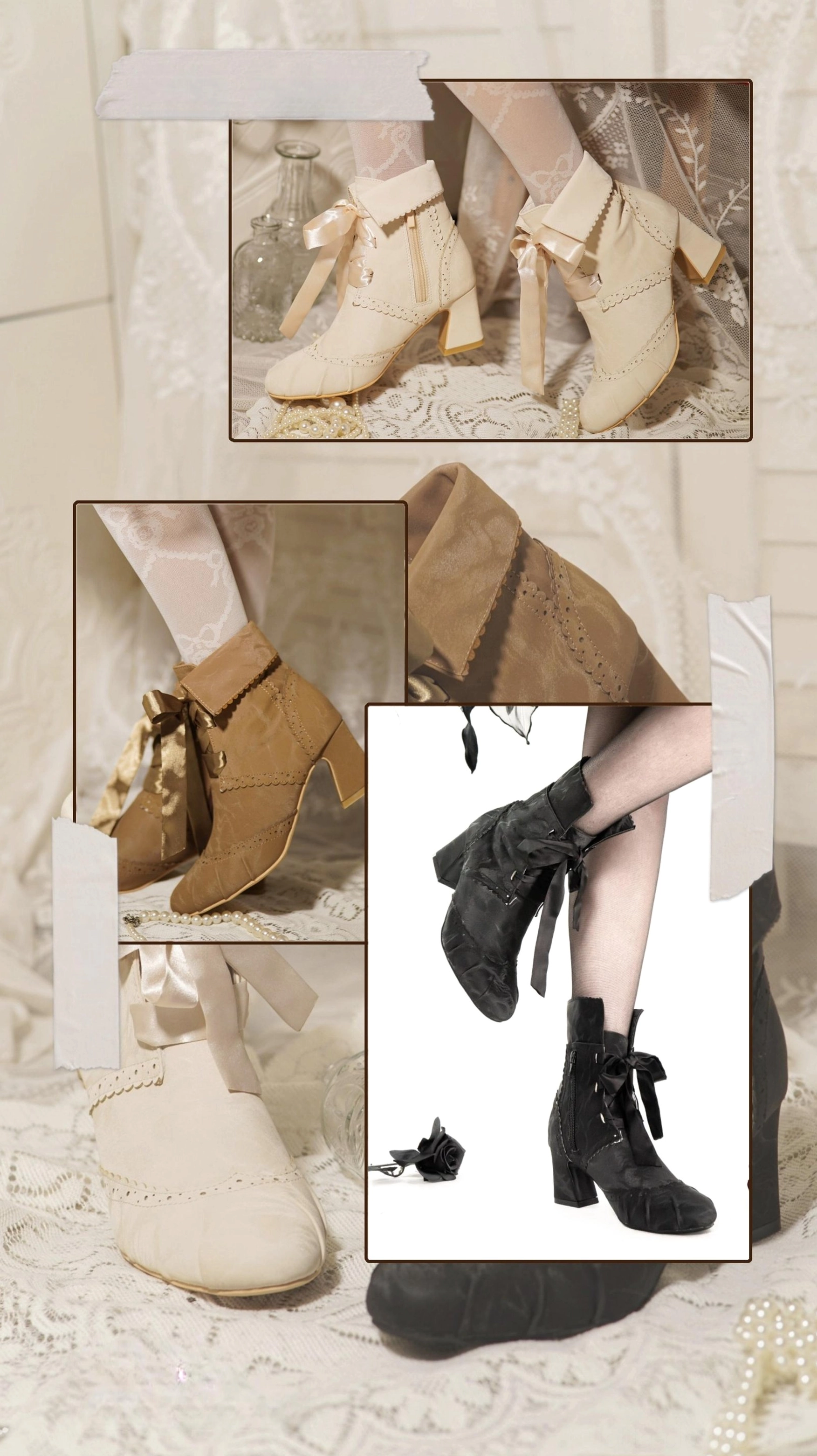 Detailed close-up photography of lolita ankle boots featuring back zipper closure mechanism ankle cuff styling options laser engraved vamp patterns 5-point-5-centimeter mid-block heel microfiber texture