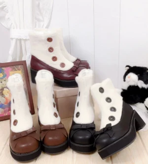 Lolita ankle boots with faux fur cuff decorative buttons bow ornament and block heel three color variants flat lay display
