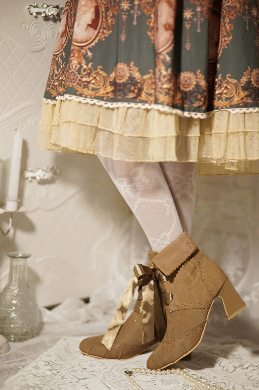 Lolita ankle boots fitted on model foot showing comfort fit design round toe construction and proportional silhouette for extended wear at fashion events