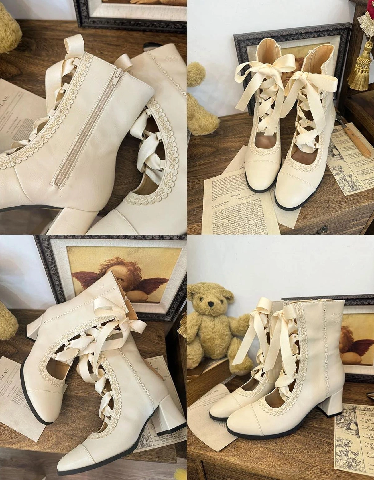 Lolita ankle boots styled coordinate outfit with classic lolita dress accessories hair clips vintage aesthetic complete fashion look