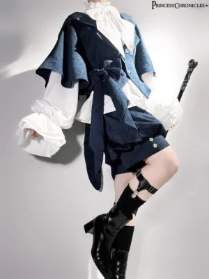 Aristocrat lolita outfit right profile - three-quarter front angle displaying formal navy waistcoat, layered white voluminous blouse with puffy ruffled sleeves, tailcoat-style hem shorts, model posing with decorative sword