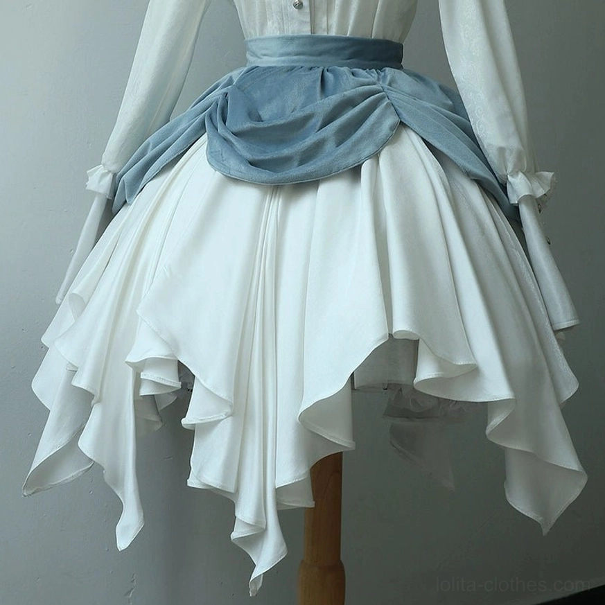 Lolita asymmetrical skirt with waist sash set close-up side view irregular handkerchief hem ash blue velvet