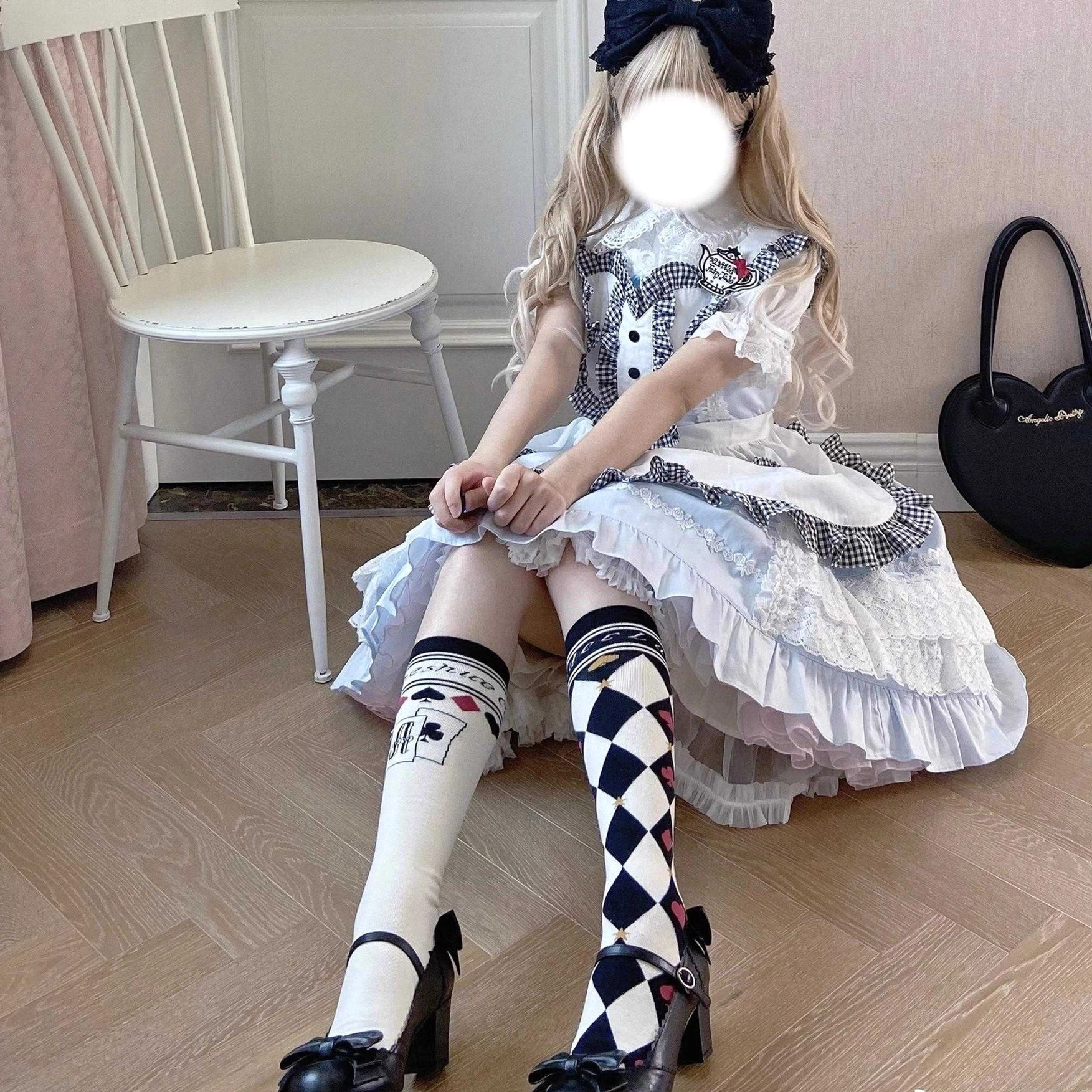 Lolita asymmetrical print cotton socks swatches color variations black white light blue gray pink pinkish red close up texture