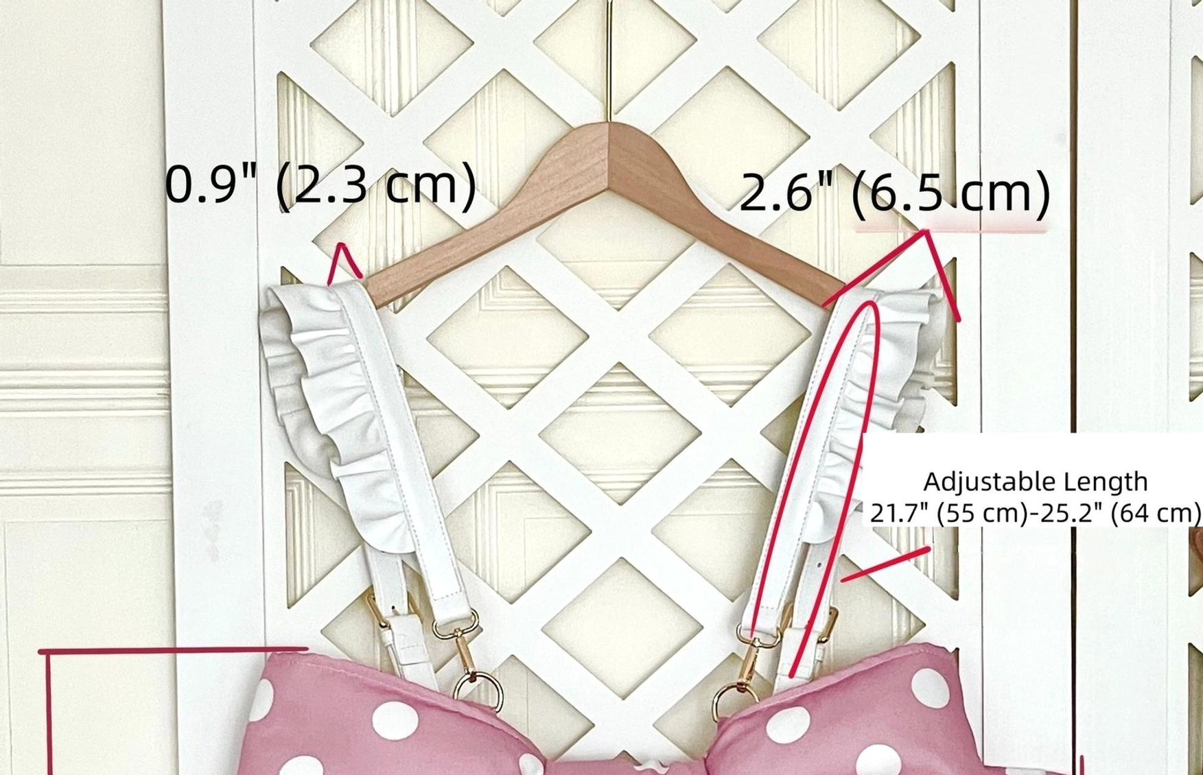 Lolita bag strap care and storage display showing proper maintenance tips for white and black ruffled straps and pearl chains for long-lasting wear