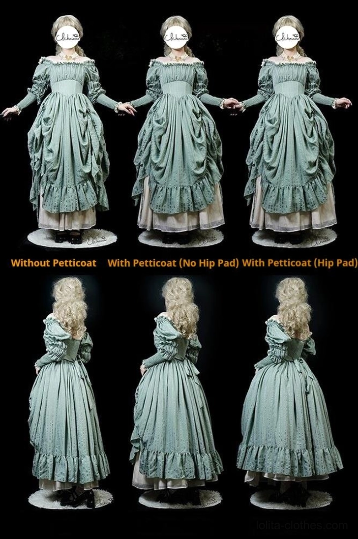 Lolita gown petticoat effect comparison back side view three sets teal vintage ball gown silhouette progression