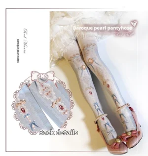 Classic lolita baroque pearl pantyhose flat lay display with matching pink bow heel shoes and delicate lace accessory set, showing sheer fabric with romantic pearl and bow print patterns